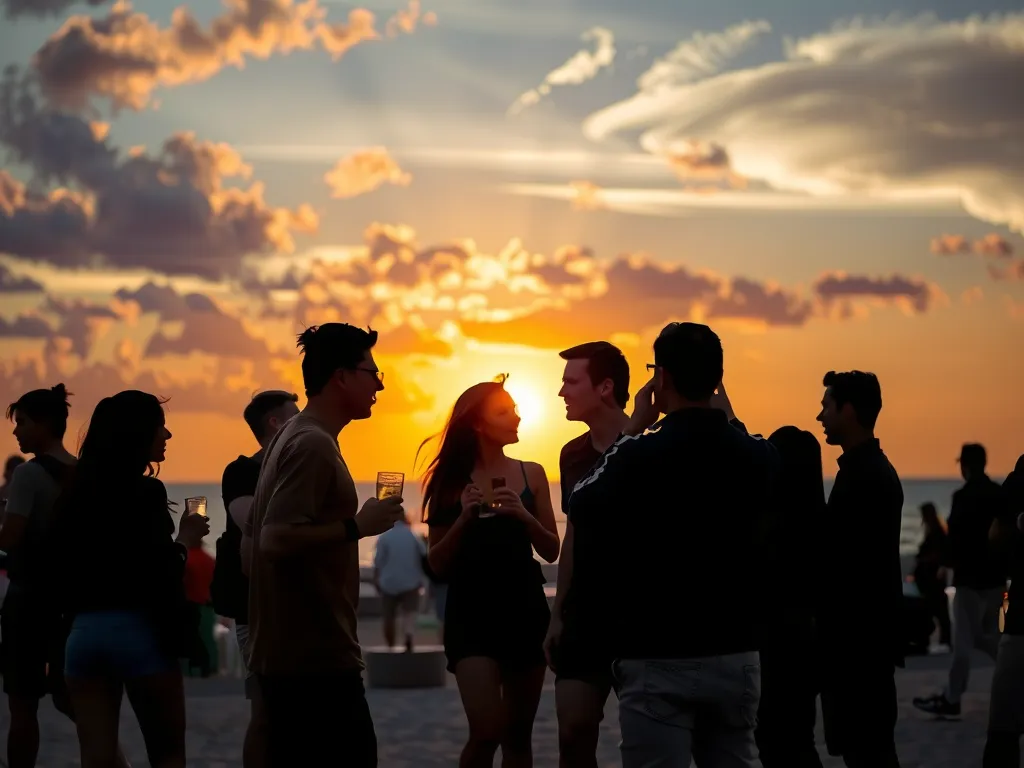 Zonsondergang in Sunny Beach met jongeren op het strand