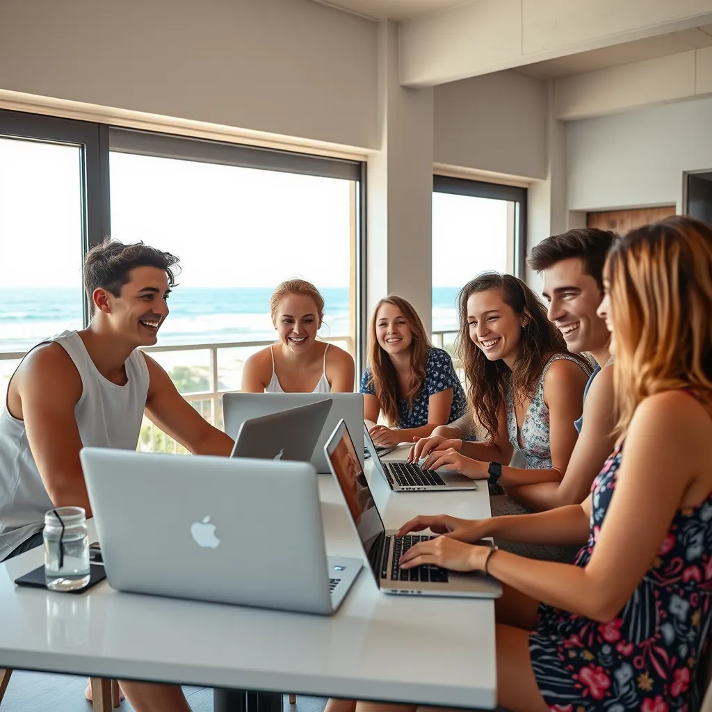 Young workers near the ocean at a beach flat